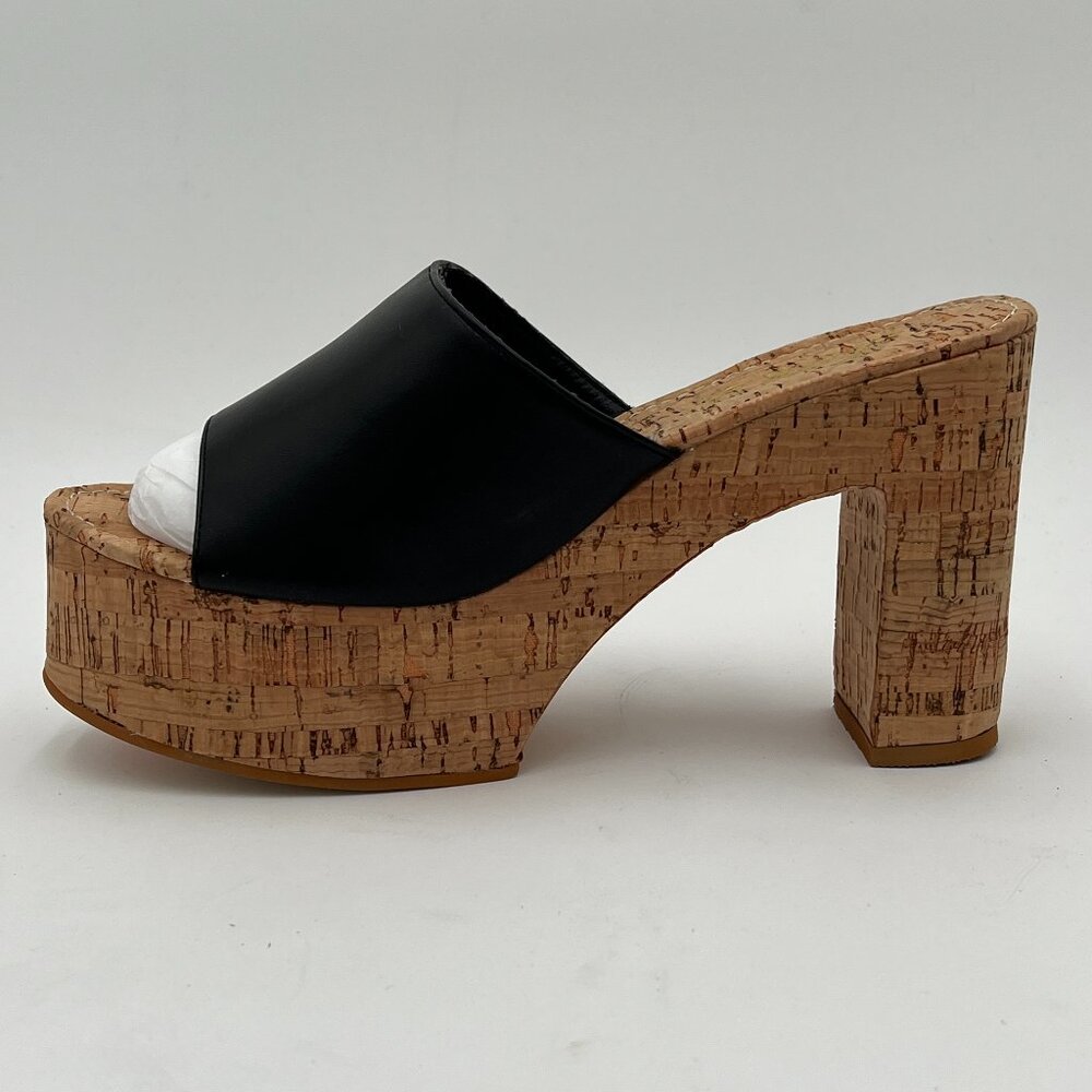 FOWT Black Cork High Chunky Heel Backless MulesPlatform Open Toe Sandals - Picture 2 of 6